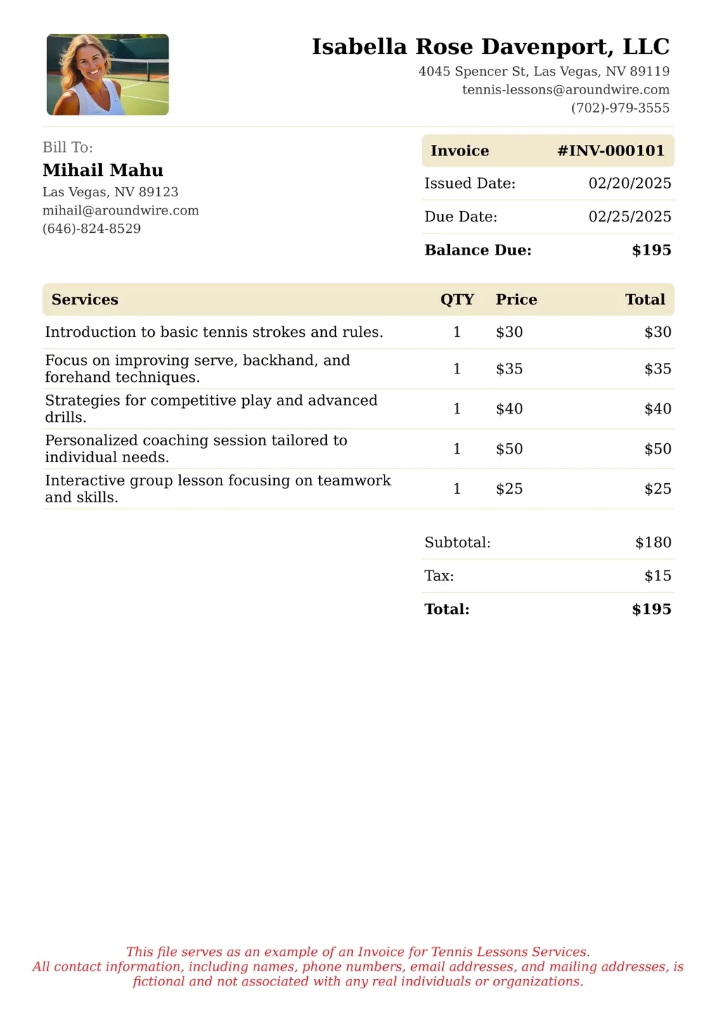 Sample of a Tennis Lessons services invoice