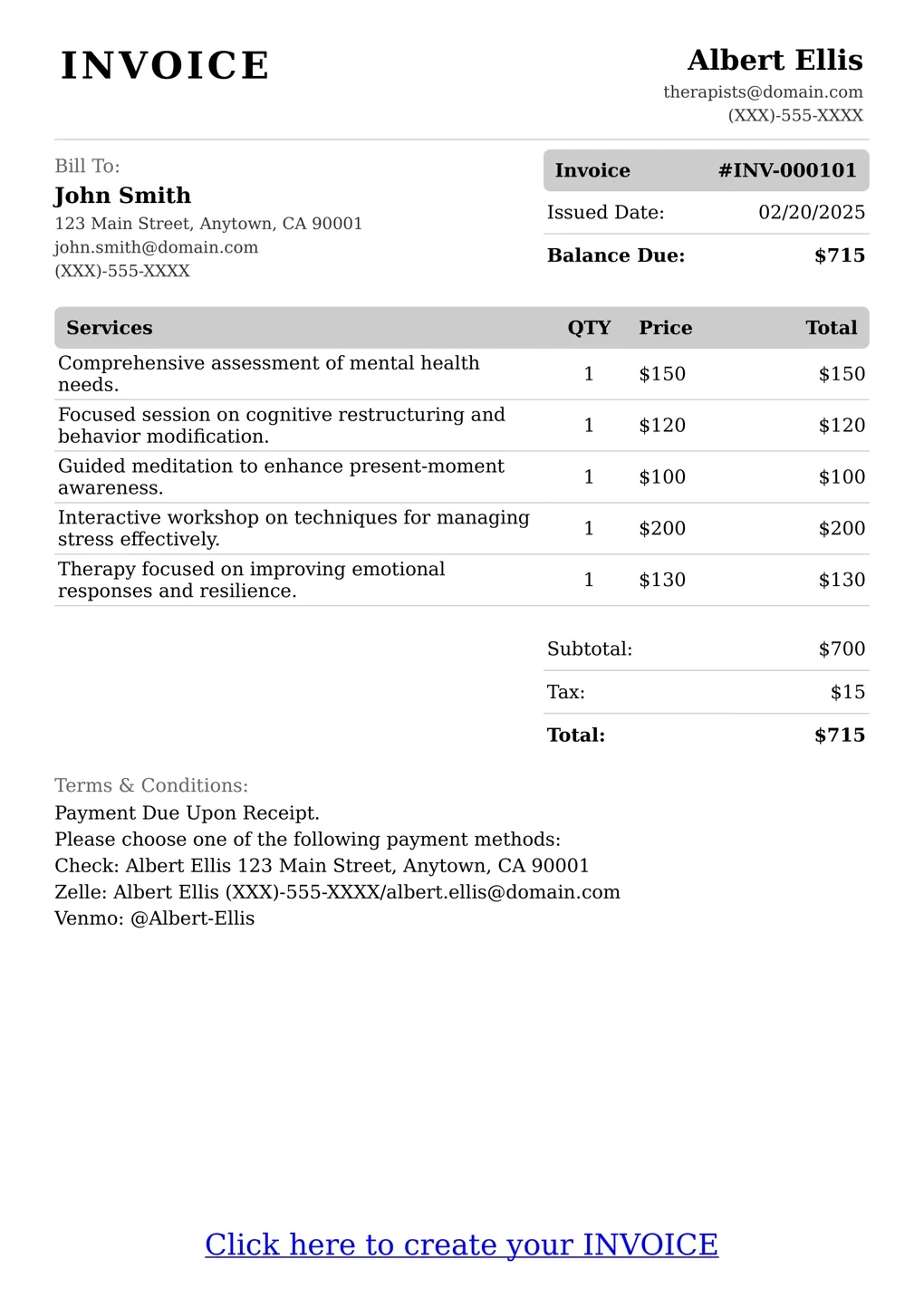 Sample of a Therapists services invoice