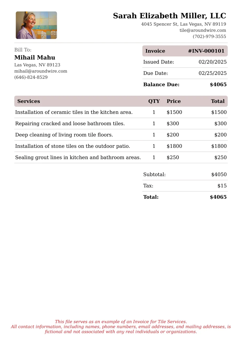Sample of a Tile services invoice
