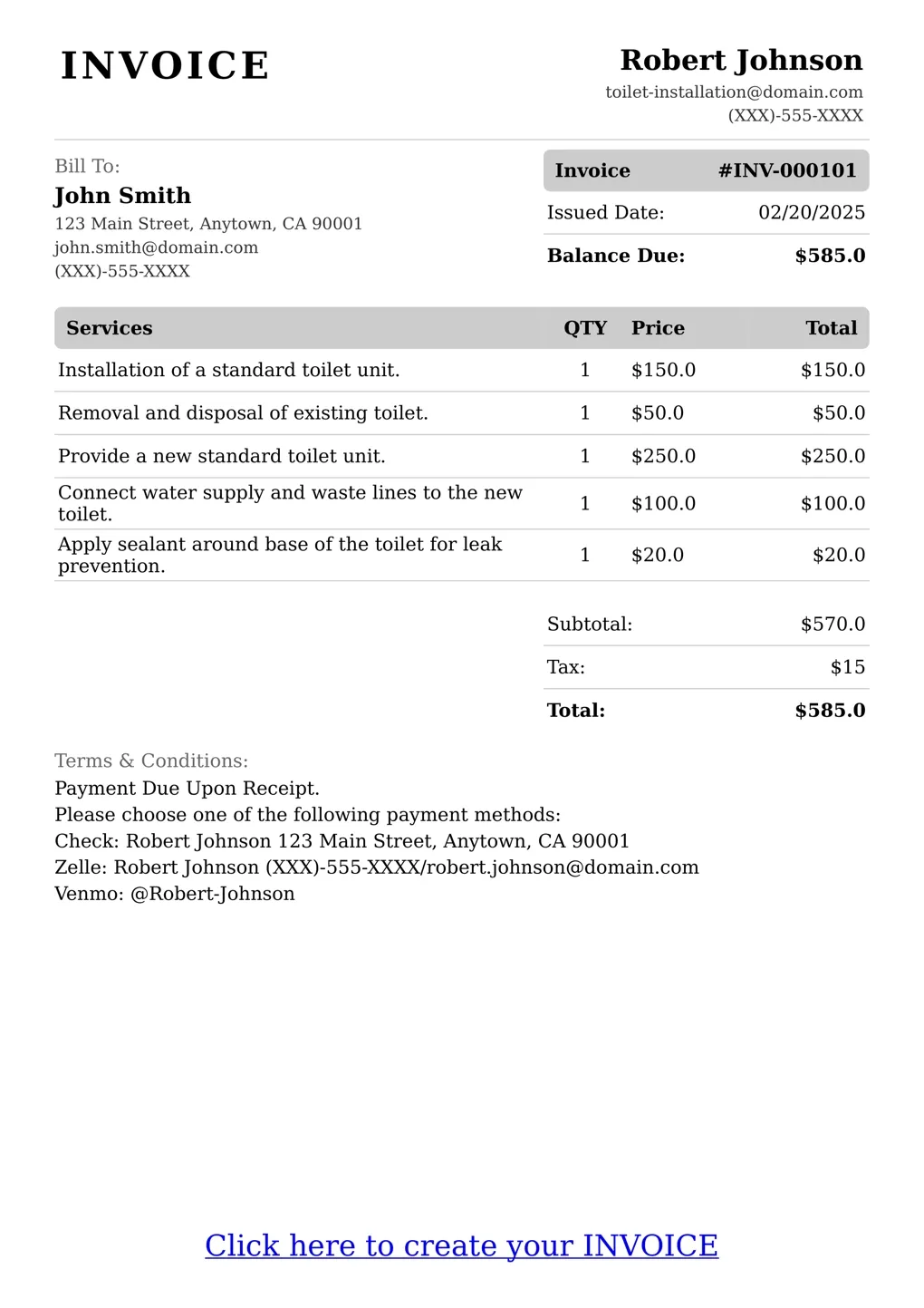 Sample of a Toilet Installation services invoice
