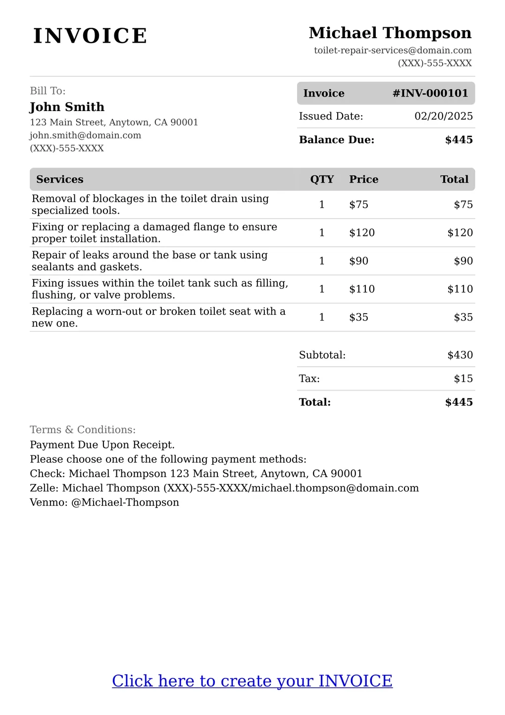 Sample of a Toilet Repair Services services invoice