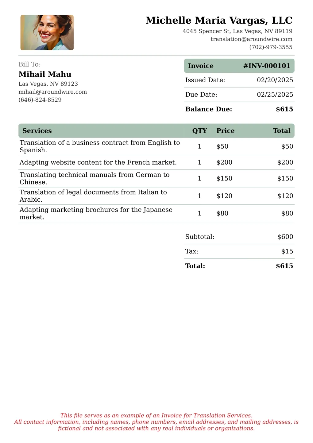 Sample of a Translation services invoice