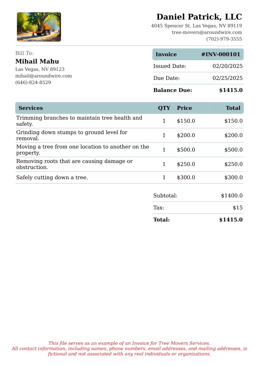 Sample of a Tree Movers services invoice