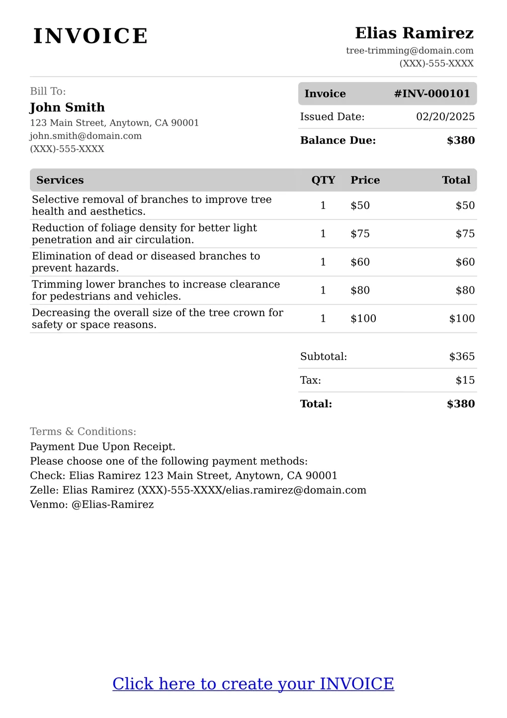 Sample of a Tree Trimming services invoice