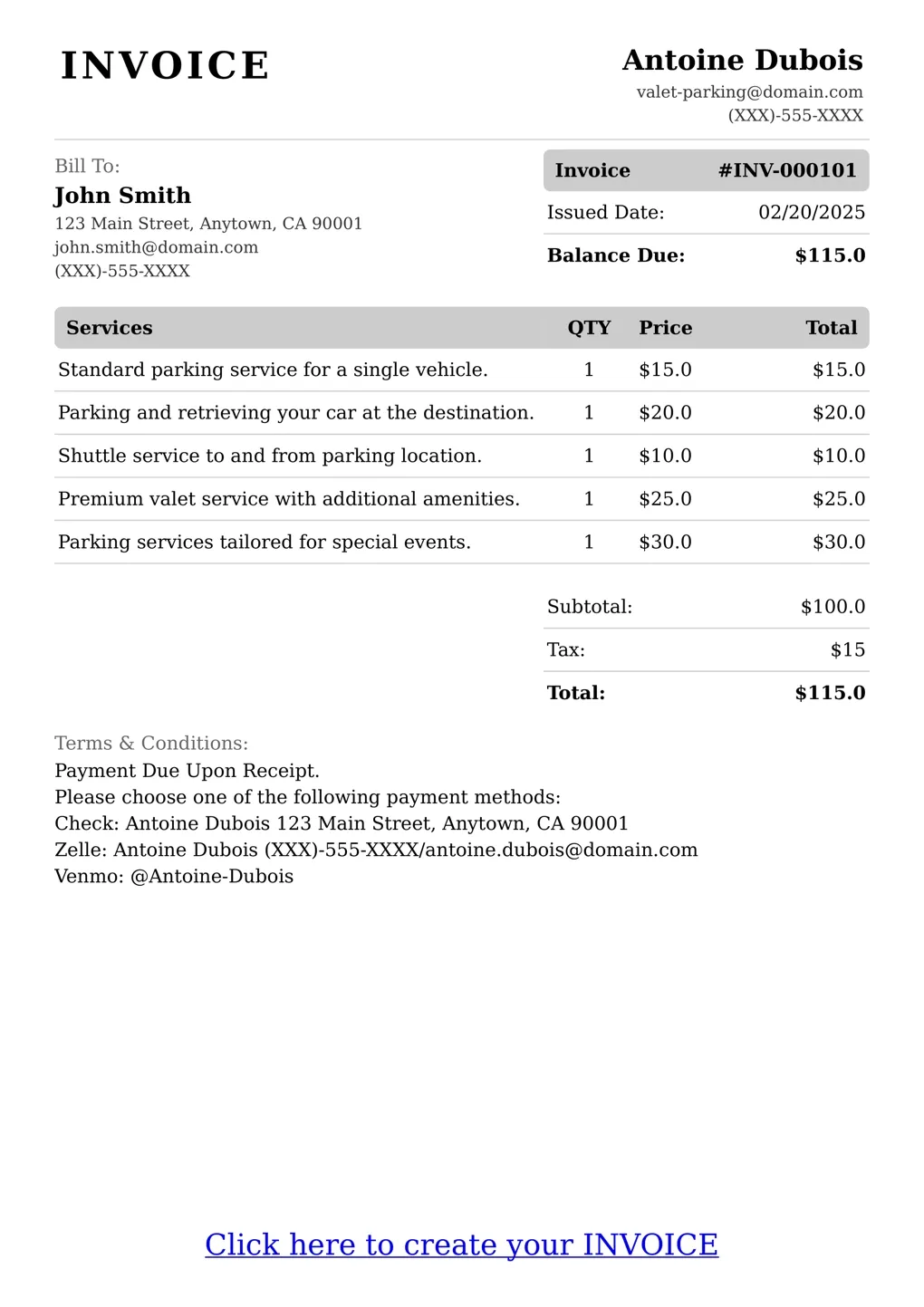 Sample of a Valet Parking services invoice
