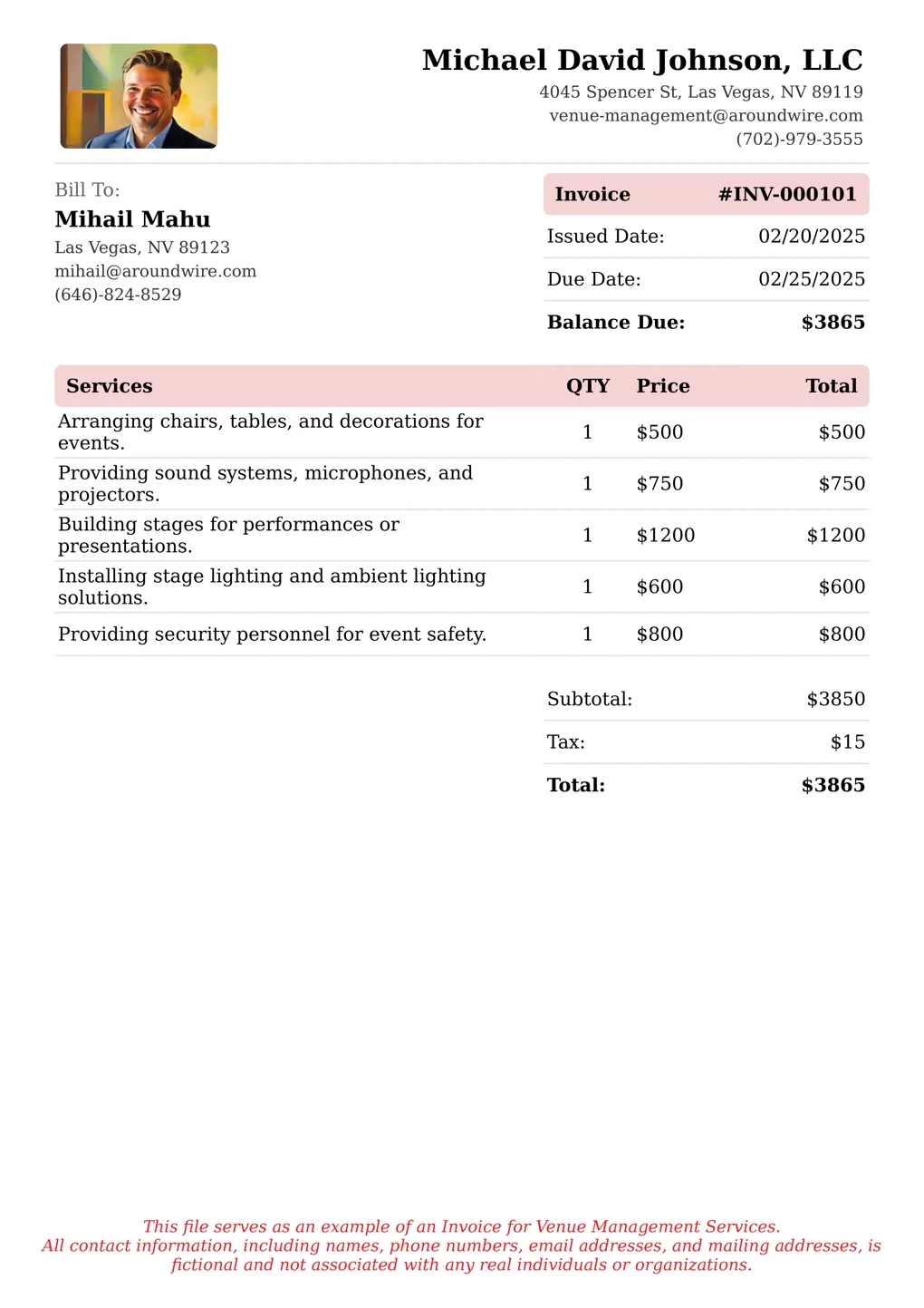 Sample of a Venue Management services invoice
