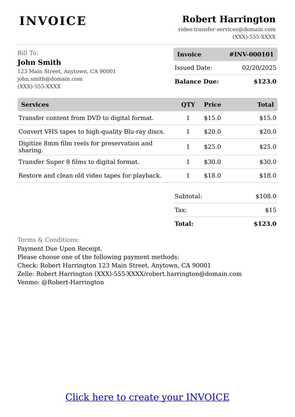 Sample of a Video Transfer Services services invoice