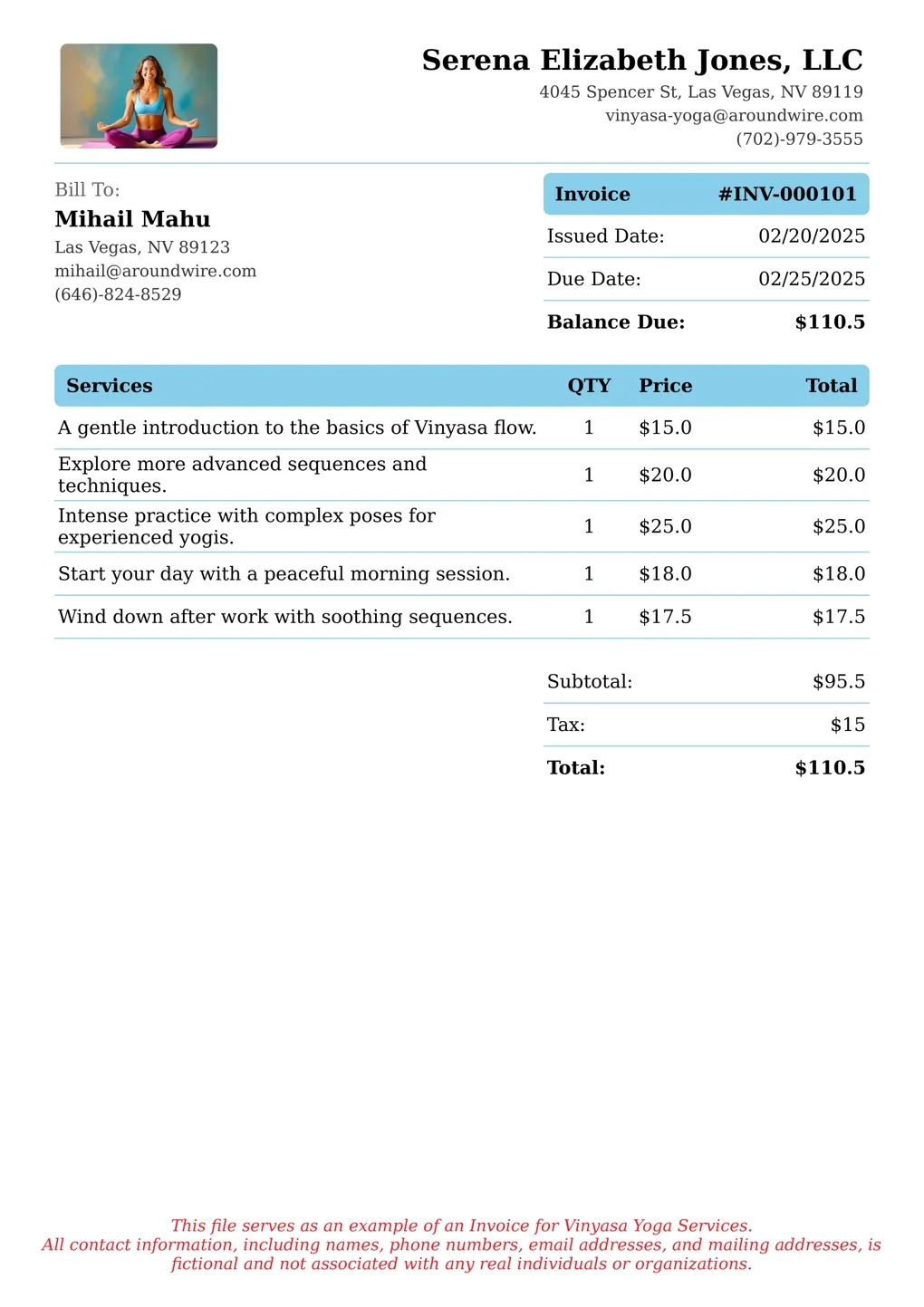 Sample of a Vinyasa Yoga services invoice