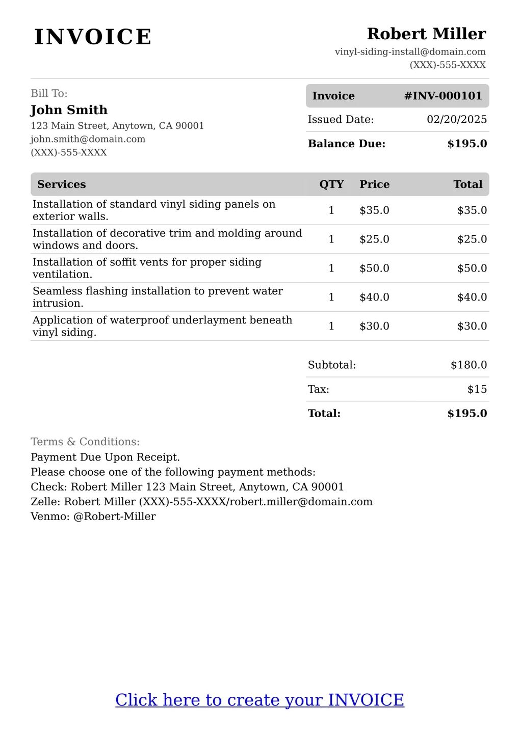 Sample of a Vinyl Siding Install services invoice