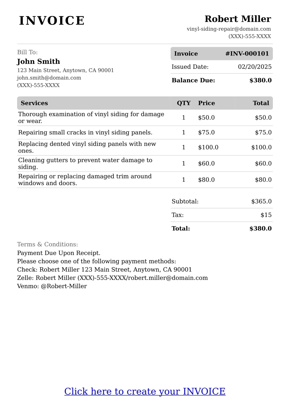Sample of a Vinyl Siding Repair services invoice