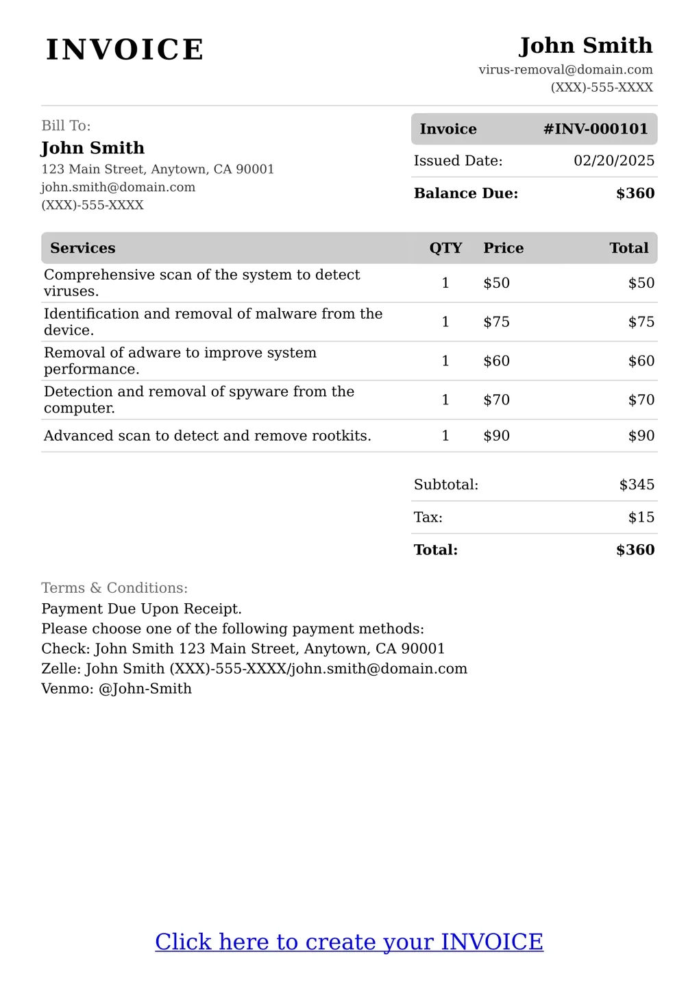 Sample of a Virus Removal services invoice
