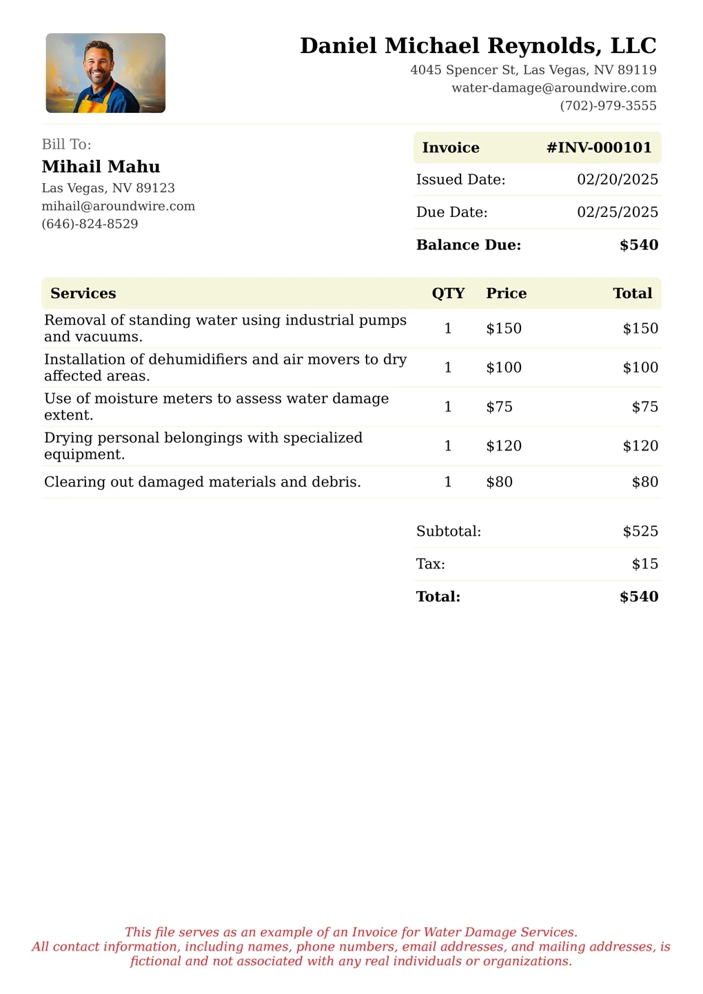 Sample of a Water Damage services invoice
