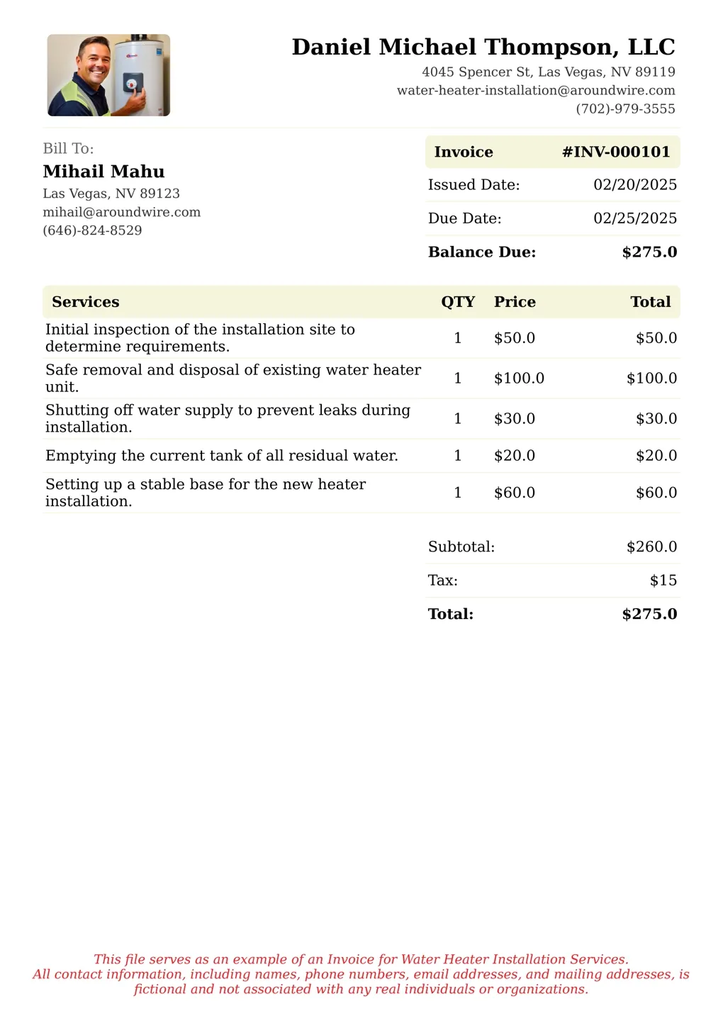 Sample of a Water Heater Installation services invoice