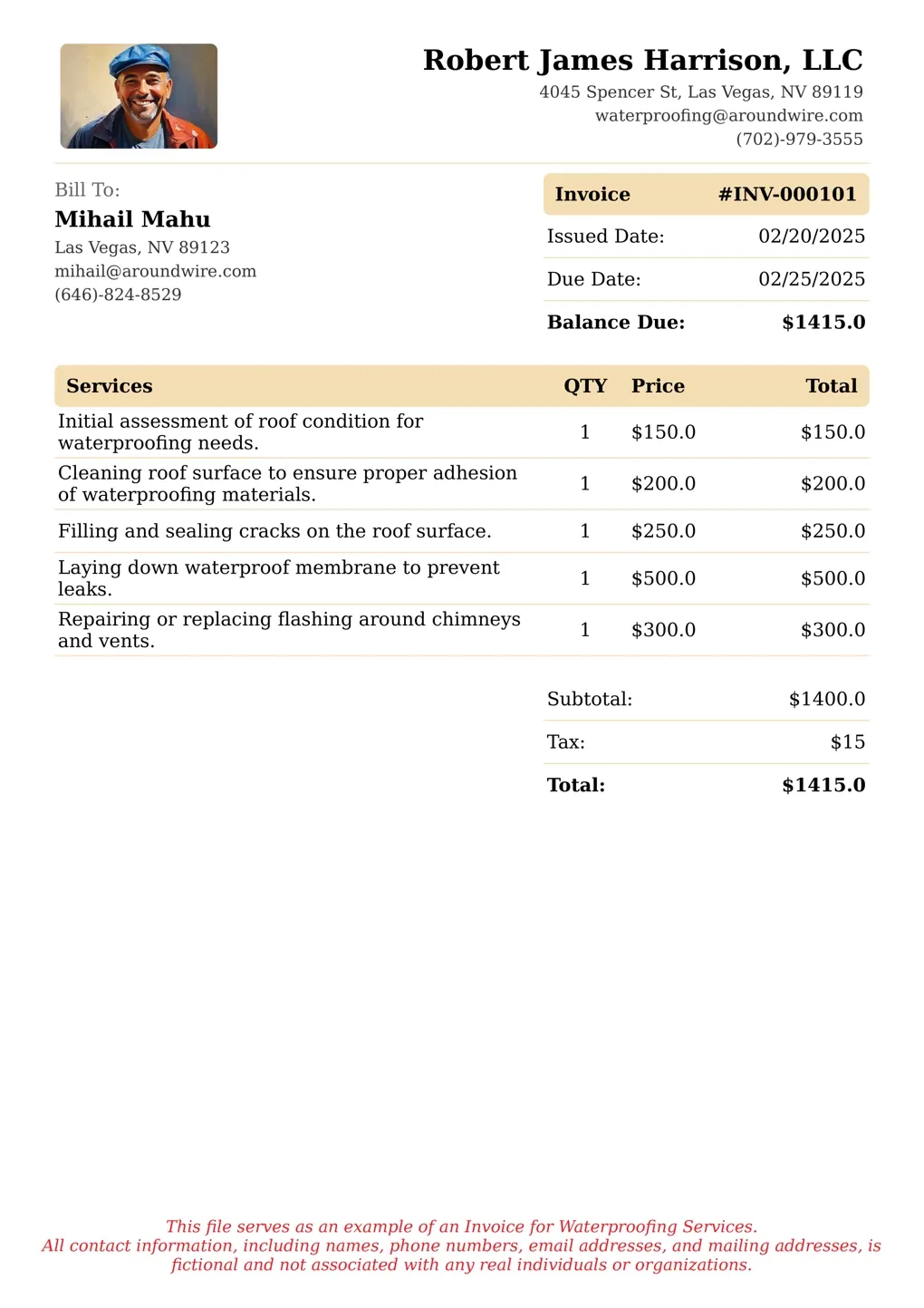 Sample of a Waterproofing services invoice