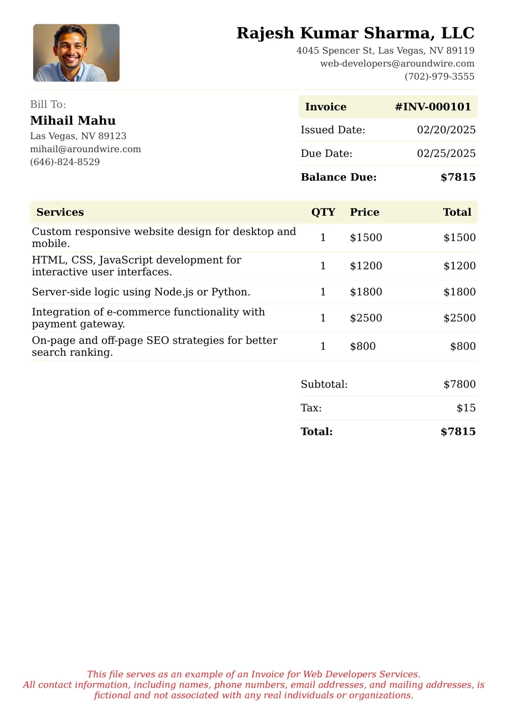 Sample of a Web Developers services invoice