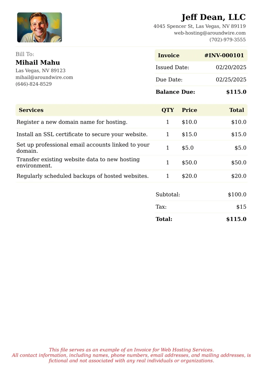 Sample of a Web Hosting services invoice