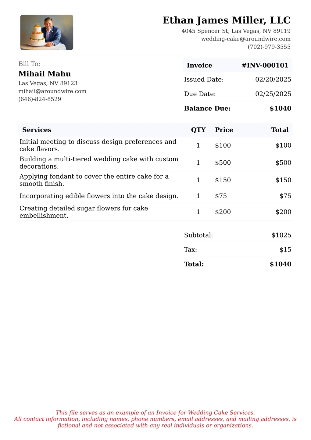 Sample of a Wedding Cake services invoice