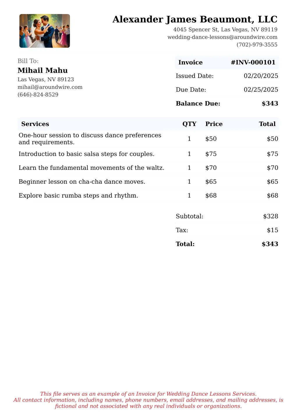 Sample of a Wedding Dance Lessons services invoice