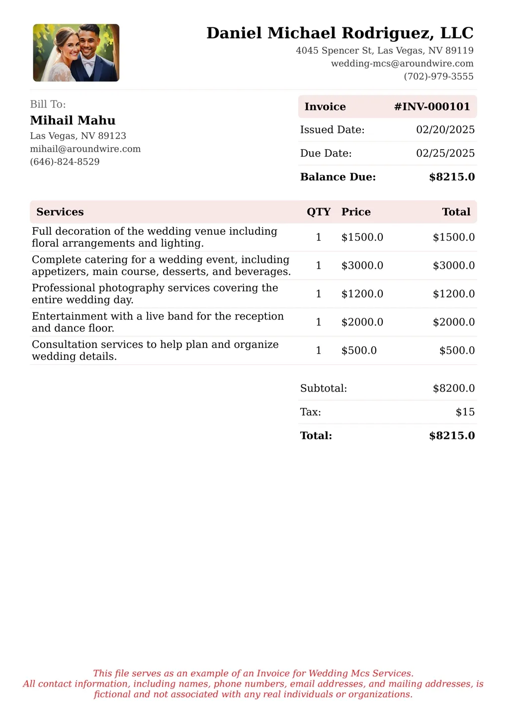 Sample of a Wedding Mcs services invoice