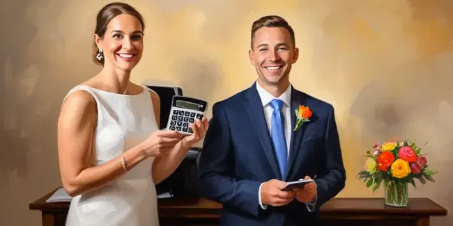 Wedding Officiants holding a basic calculator
