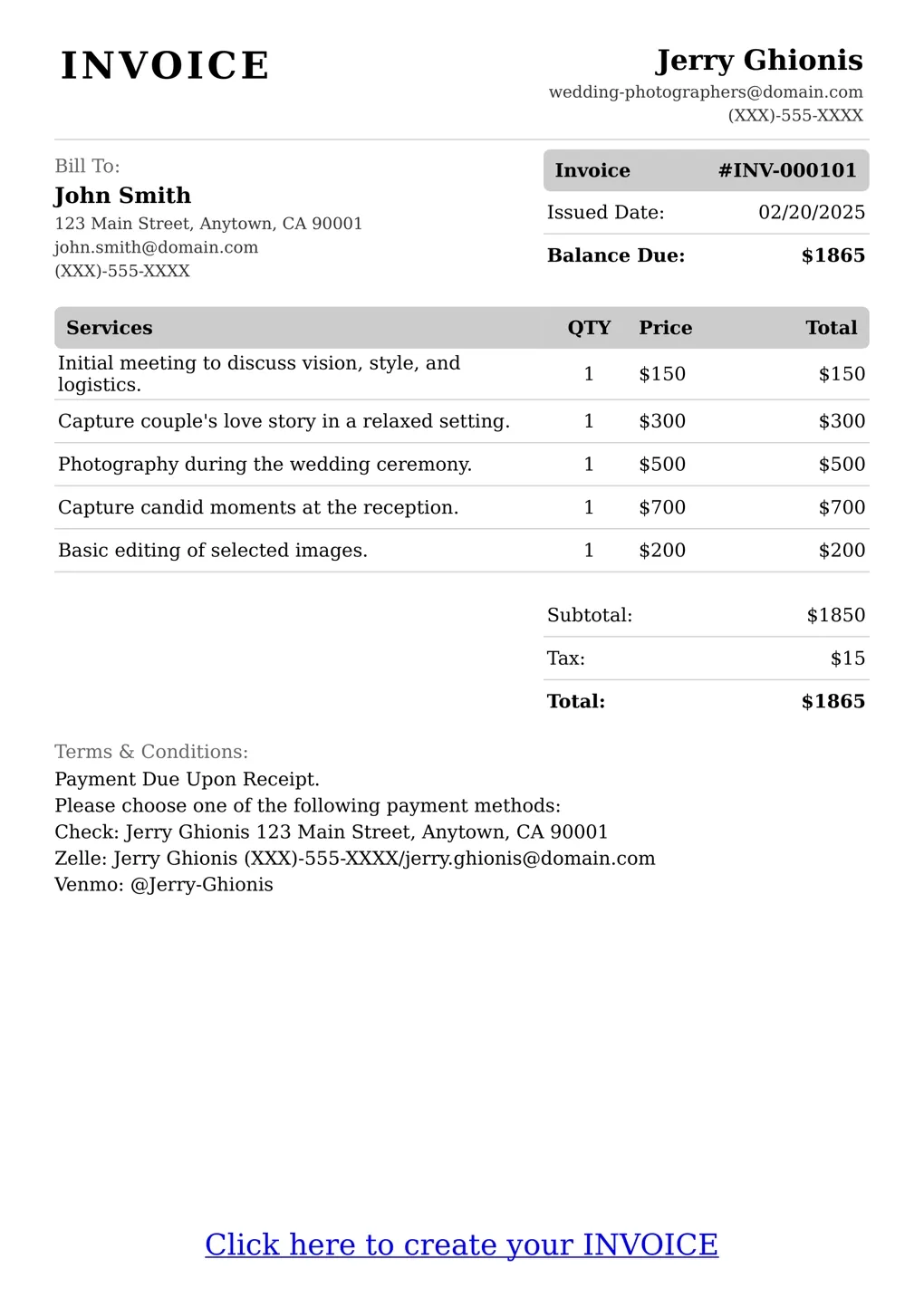 Sample of a Wedding Photographers services invoice