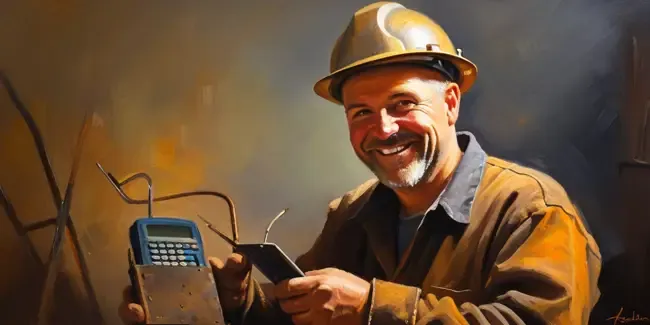 Welding holding a basic calculator