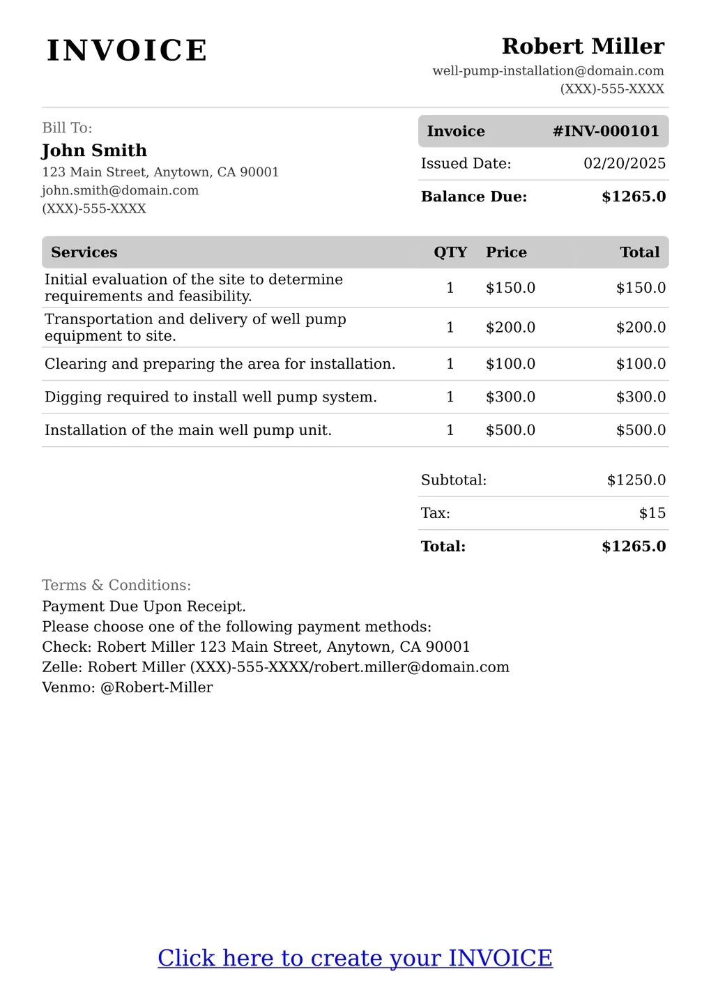 Sample of a Well Pump Installation services invoice