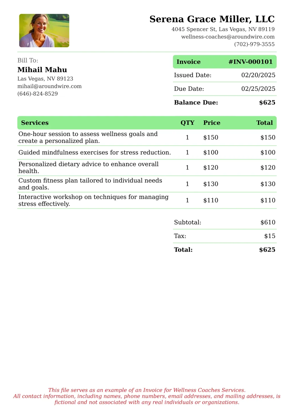 Sample of a Wellness Coaches services invoice