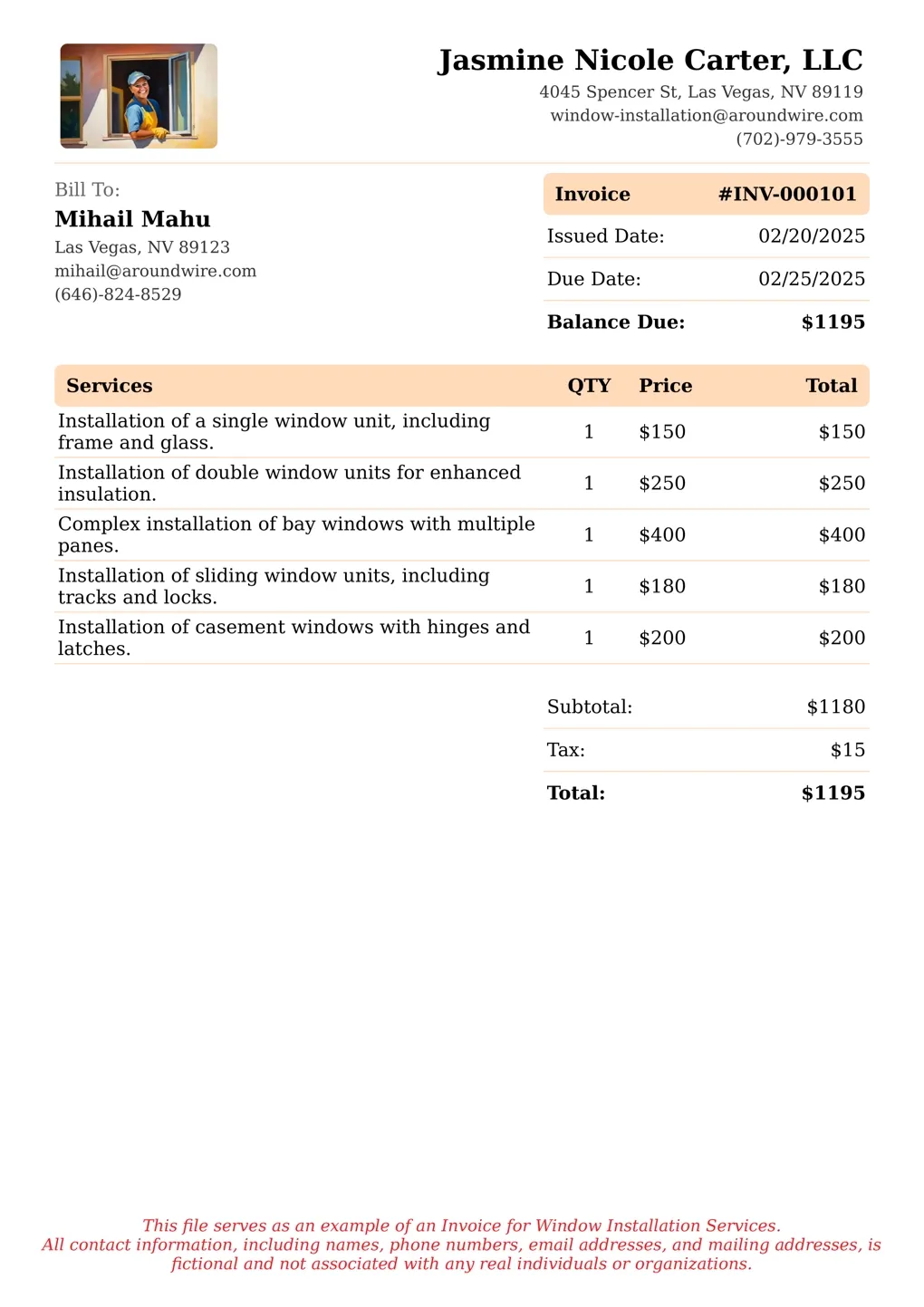Sample of a Window Installation services invoice