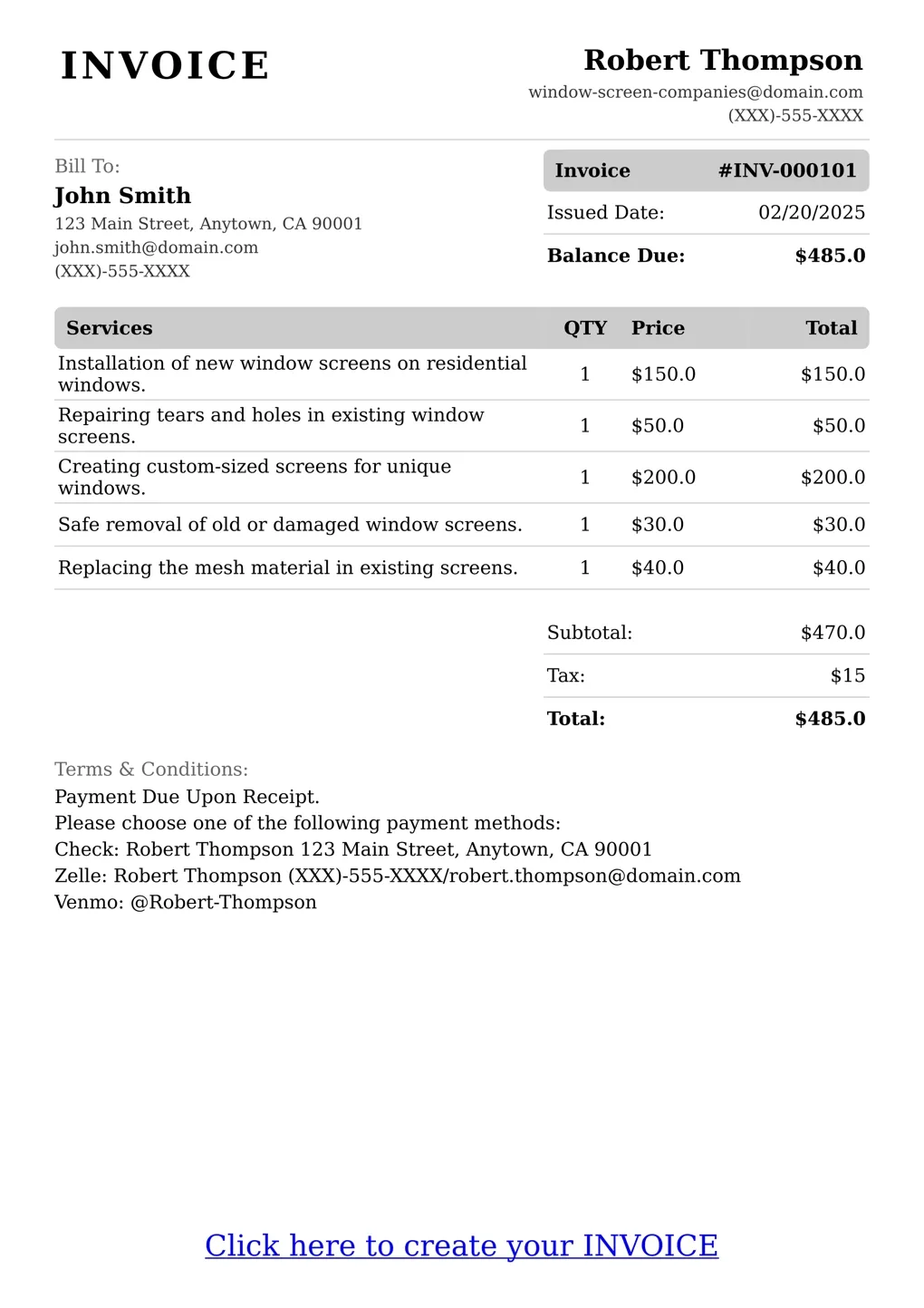Sample of a Window Screen Companies services invoice