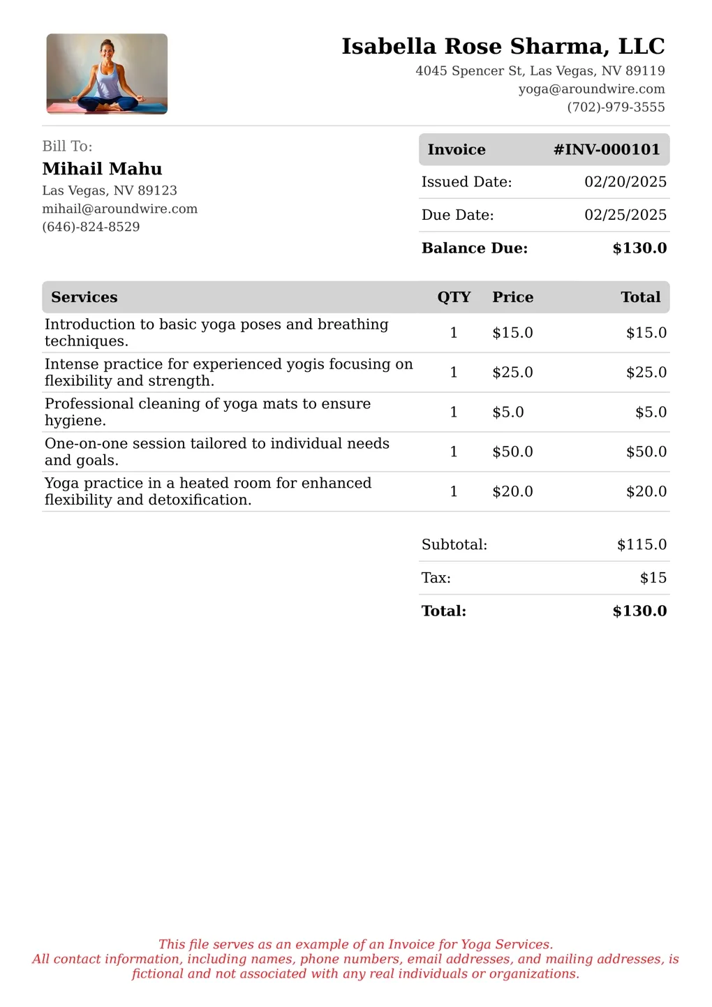 Sample of a Yoga services invoice