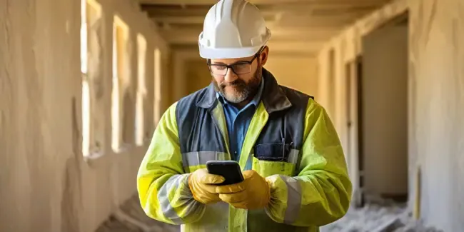Asbestos Abatement Contractors holding an smartphone