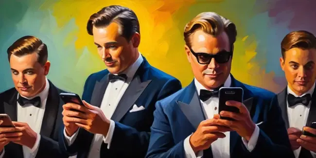 Celebrity Impersonators holding a smartphone