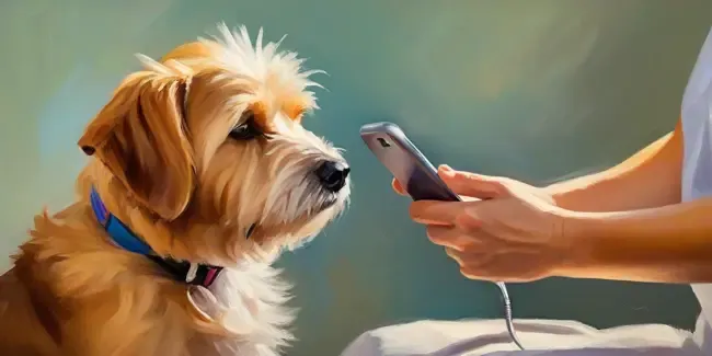 Dog Grooming holding an smartphone