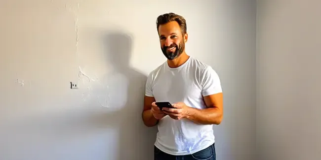 Drywall Repair holding a smartphone