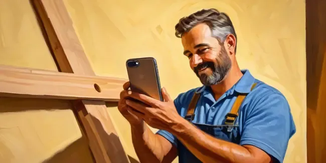 Finish Carpentry holding a smartphone