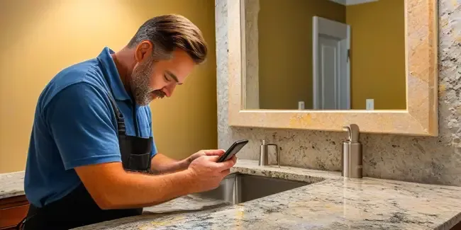 Granite Countertop Installation holding a smartphone