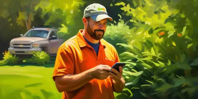 Lawn Care holding a smartphone