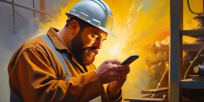Metal Fabricators holding a smartphone