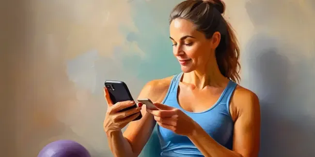 Pilates holding a smartphone