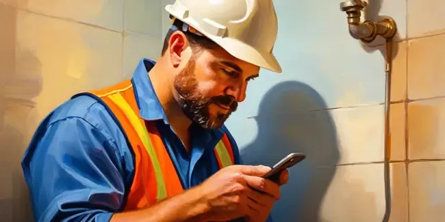 Plumbing Inspection holding a smartphone