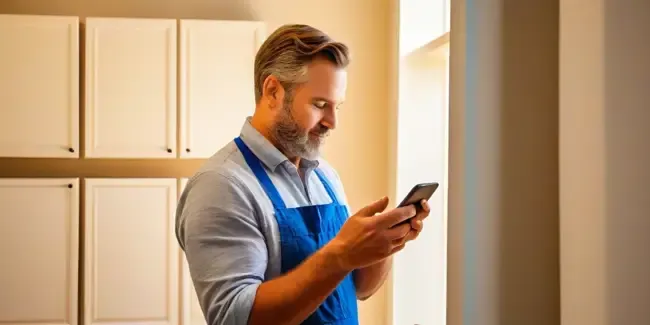 Pre Made Cabinets Installation holding a smartphone