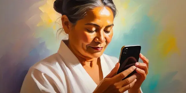 Reiki holding a smartphone