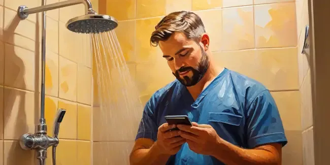 Shower Installation holding a smartphone