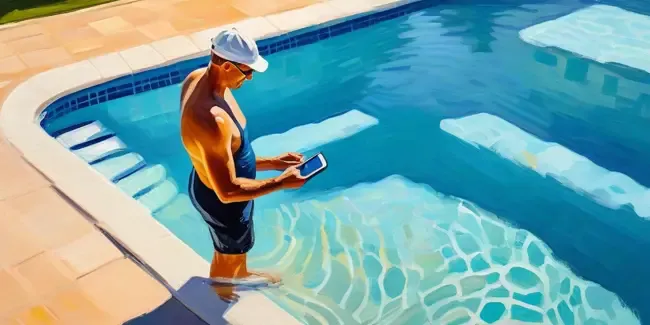 Swimming Pool Maintenance holding a smartphone