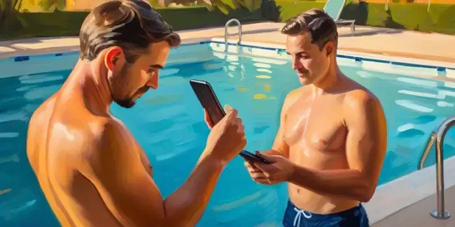 Swimming Pools holding a smartphone