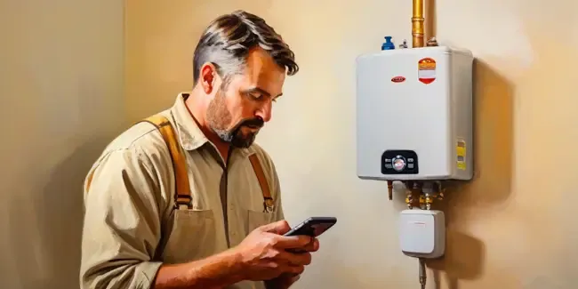 Water Heater Installation holding a smartphone