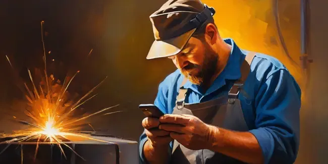 Welding holding a smartphone